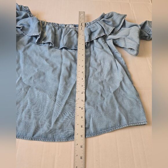 7 For All Mankind Blue Chambray Off The Shoulder Top Size Small - Picture 8 of 8
